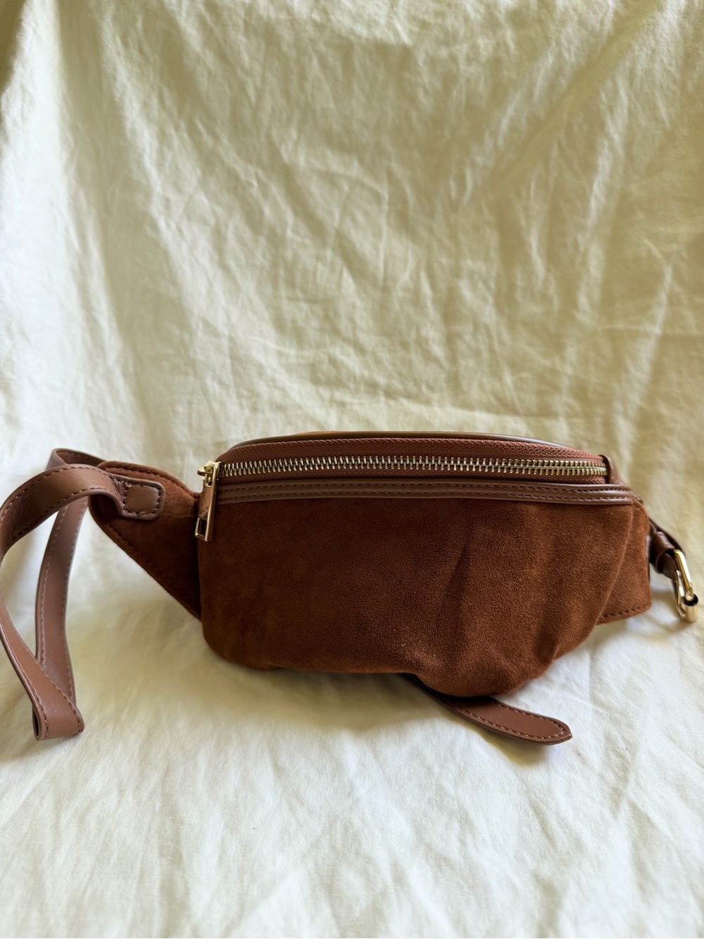 Brown Suede Waist Bag with Gold Zipper